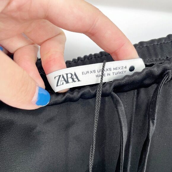 ZARA Drawstring Satin Flowy Wide Leg Palazzo Pants Black Women's XS NEW - Picture 6 of 8